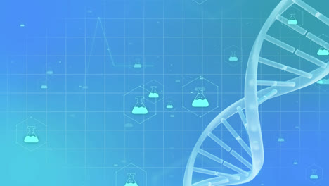 Animation-of-medical-icons-with-dna-strand-on-blue-background