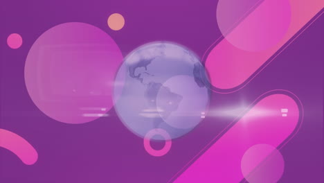 Animation-of-spinning-globe-over-abstract-shapes-on-purple-gradient-background-with-copy-space