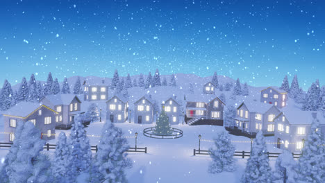 Animation-of-snow-falling-over-lit-houses-in-winter-scenery