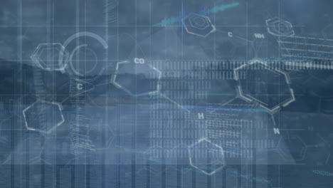 Animation-of-chemical-formula-and-data-processing-over-landscape