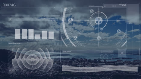 Animation-of-graph,-profile-icons-and-graphs-over-aerial-view-of-cityscape-against-cloudy-sky