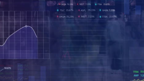 Animation-of-statistical,-stock-market-data-processing-on-time-lapse-of-people-walking-on-the-street