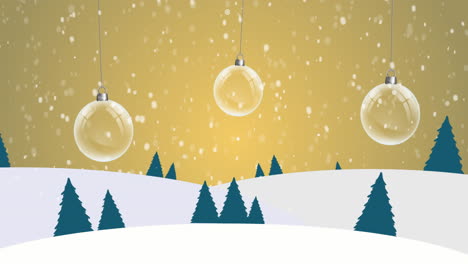 Animation-of-snow-falling-over-hanging-bauble-decorations-against-winter-landscape