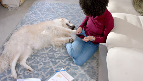 Mujer-Birracial-Con-Perro-Golden-Retriever-Usando-Un-Teléfono-Inteligente-En-Casa,-Cámara-Lenta
