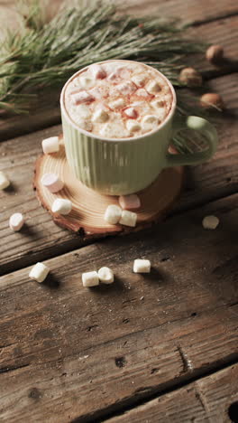 Vertical-video-of-mug-of-chocolate,-marshmallows,-decorations-and-copy-space-on-wooden-background