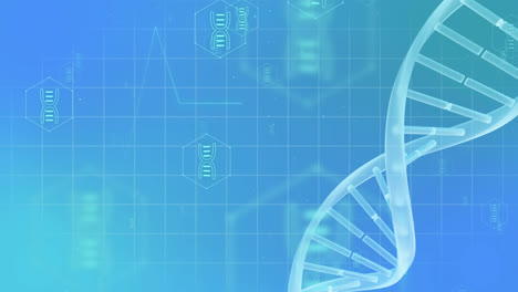 Animation-of-medical-icons-and-dna-strand-on-blue-background