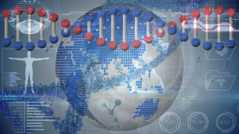 Animation-of-dna-strand-and-globe-over-science-data-processing