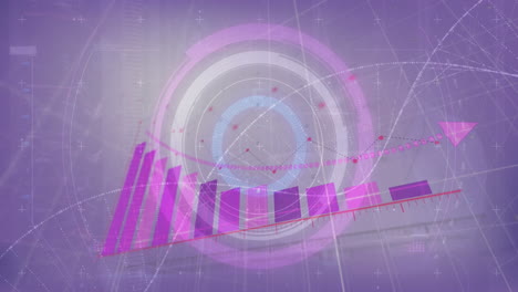 Animación-Del-Escáner-Redondo-De-Neón-Y-Procesamiento-De-Datos-Estadísticos-Sobre-Fondo-Morado