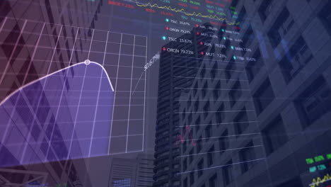 Animation-Der-Statistik--Und-Börsendatenverarbeitung-Vor-Dem-Hintergrund-Hoher-Gebäude-Aus-Der-Tiefwinkelansicht