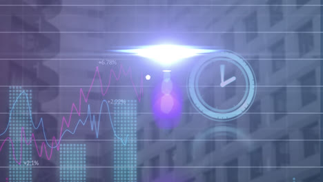 Animation-of-ticking-clock,-light-spot-and-statistical-data-processing-against-tall-building