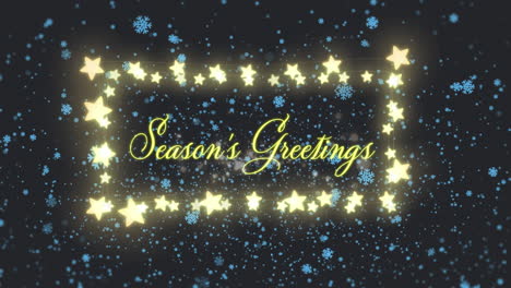 Animation-of-christmas-season's-greetings-text-with-star-fairy-lights-and-snow-on-black-background