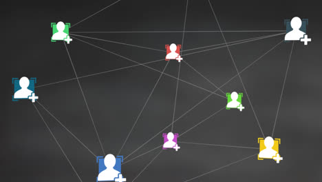 Animation-of-network-of-connections-with-icons-on-black-background