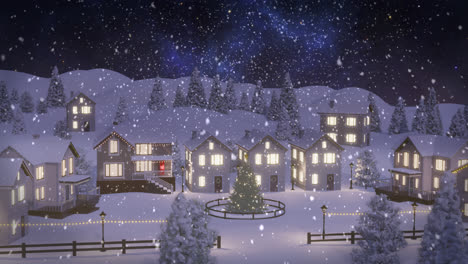 Animation-of-snow-falling-over-lit-houses-in-winter-scenery