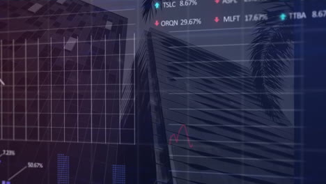 Animation-Der-Statistik--Und-Börsendatenverarbeitung-Vor-Dem-Hintergrund-Hoher-Gebäude-Aus-Der-Tiefwinkelansicht