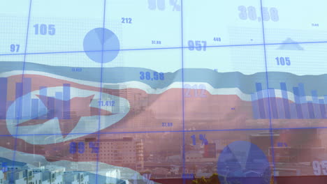 Animación-De-Diagramas,-Procesamiento-De-Datos-Y-Bandera-De-Corea-Del-Norte-Sobre-La-Ciudad