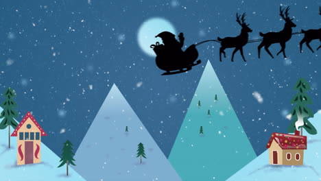 Animación-De-Nieve-Cayendo-Sobre-Santa-Claus-En-Trineo-Tirado-Por-Renos-Y-Paisaje-Invernal