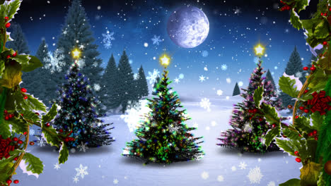 Animation-of-christmas-trees-over-snow-falling