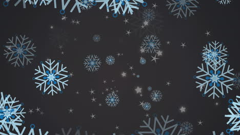 Animación-De-Estrellas-Brillantes-Y-Copos-De-Nieve-Flotando-Sobre-Fondo-Gris-Con-Espacio-Para-Copiar