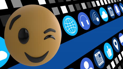 Animation-Von-Social-Media-Symbolen-Mit-Zwinkernden-Emoji-Symbolen-Auf-Blauem-Hintergrund