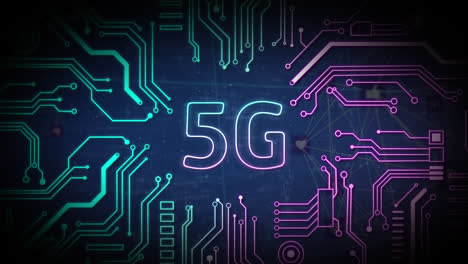 Animation-of-5g-text,-computer-circuit-board-and-data-processing