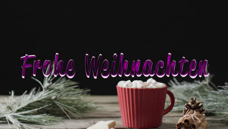 Frohe-weihnachten-text-in-purple-over-christmas-hot-chocolate-on-black-background