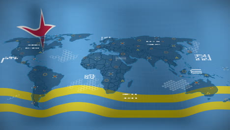 Animación-Del-Mapa-Mundial-Y-Procesamiento-De-Datos-Contra-El-Fondo-De-La-Bandera-De-Aruba.