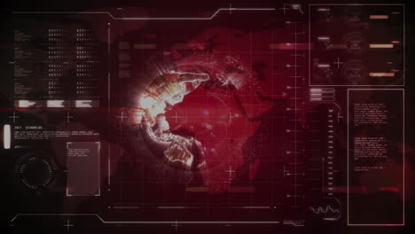 Animación-De-La-Interfaz-Con-Procesamiento-De-Datos-Sobre-Un-Globo-Giratorio-Sobre-Fondo-Rojo.