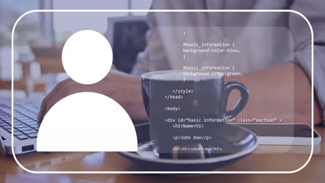 Animation-of-interface-with-data-processing-against-mid-section-of-a-man-using-laptop-at-a-cafe