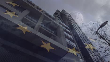 Animación-De-La-Bandera-De-La-Unión-Europea-Sobre-Edificios-De-Oficinas.