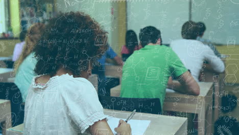 Animation-of-chemical-equations-against-african-american-woman-studying-and-smiling-at-college