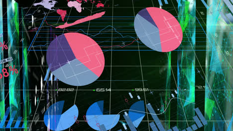 Animation-of-statistical-data-processing-over-screens-of-plexus-networks-against-black-background