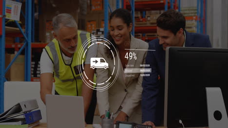 Animation-of-data-processing-over-diverse-supervisors-and-workers-discussing-together-at-warehouse