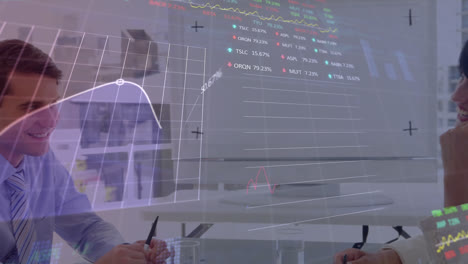 Animation-of-graph,-trading-board,-circles-over-multiracial-coworkers-discussing-at-meeting-room