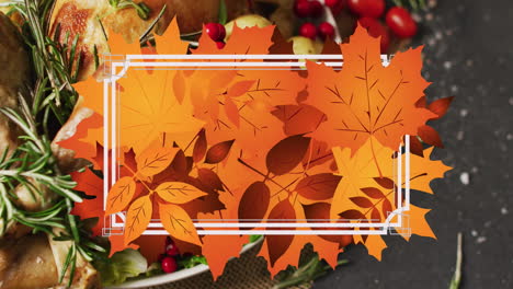 Animation-of-white-frame-and-autumn-leaves-over-thanksgiving-dinner-background