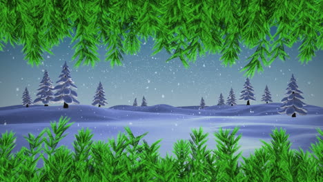 Animación-De-Ramas-Verdes-Y-Nieve-Cayendo-Sobre-árboles-En-El-Paisaje-Invernal