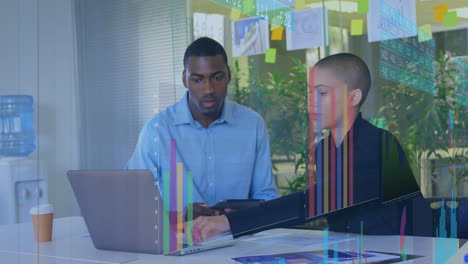 Animation-of-statistical-data-processing-over-diverse-man-and-woman-discussing-over-laptop-at-office