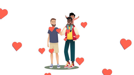 Animation-of-diverse-gay-couple-with-son-over-white-background-with-hearts