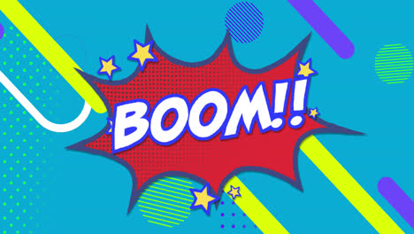 Animation-Von-Boom-Text-Auf-Roter-Explosion-Mit-Sternen-Und-Abstrakten-Formen-Auf-Blauem-Hintergrund