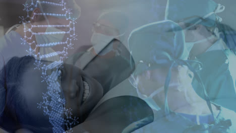 Animation-of-dna-strand-and-data-processing-over-african-american-woman-smiling