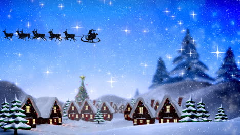 Animation-of-snow-falling-on-santa-claus-in-sleigh-being-pulled-by-reindeers-over-winter-landscape