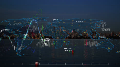 Animación-De-Gráficos,-Patrón-De-Placa-De-Circuito-Sobre-El-Mar-Y-Ciudad-Moderna-Contra-El-Cielo