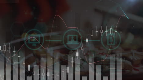 Animation-Eines-Netzwerks-Digitaler-Symbole-Und-Statistischer-Datenverarbeitung-Vor-Grauem-Hintergrund