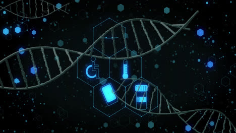Animation-of-medical-icons-and-dna-strands-on-black-background