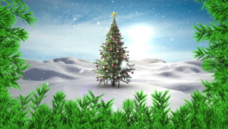 Animación-De-Ramas-Y-Nieve-Cayendo-Sobre-Un-árbol-De-Navidad-Decorado-En-Un-Paisaje-Invernal