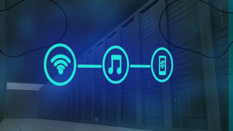 Animation-of-network-of-digital-icons-and-light-spot-against-computer-server-room