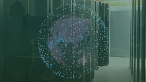 Animation-of-network-of-connections-over-spinning-globe-against-computer-server-room