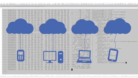 Animation-Von-Cloud-Symbolen-Mit-Elektronischen-Geräten-Und-Bildschirm-Mit-Computerdatenverarbeitung