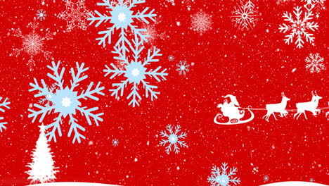 Animation-of-snowflakes-falling-over-santa-claus-in-sleigh-pulled-by-reindeers-on-red-background