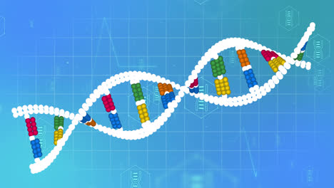 Animation-of-medical-icons-with-dna-strand-on-blue-background