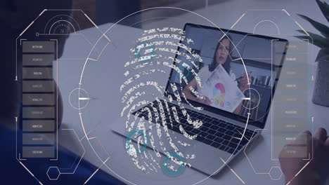 Animation-of-biometric-fingerprint-over-african-american-businesswoman-using-laptop